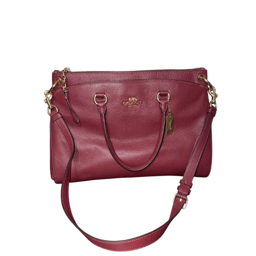 Coach Pebble Leather Satchel Burgundy Gold Hardware Top Handle Crossbody Bag - Picture 1 of 10